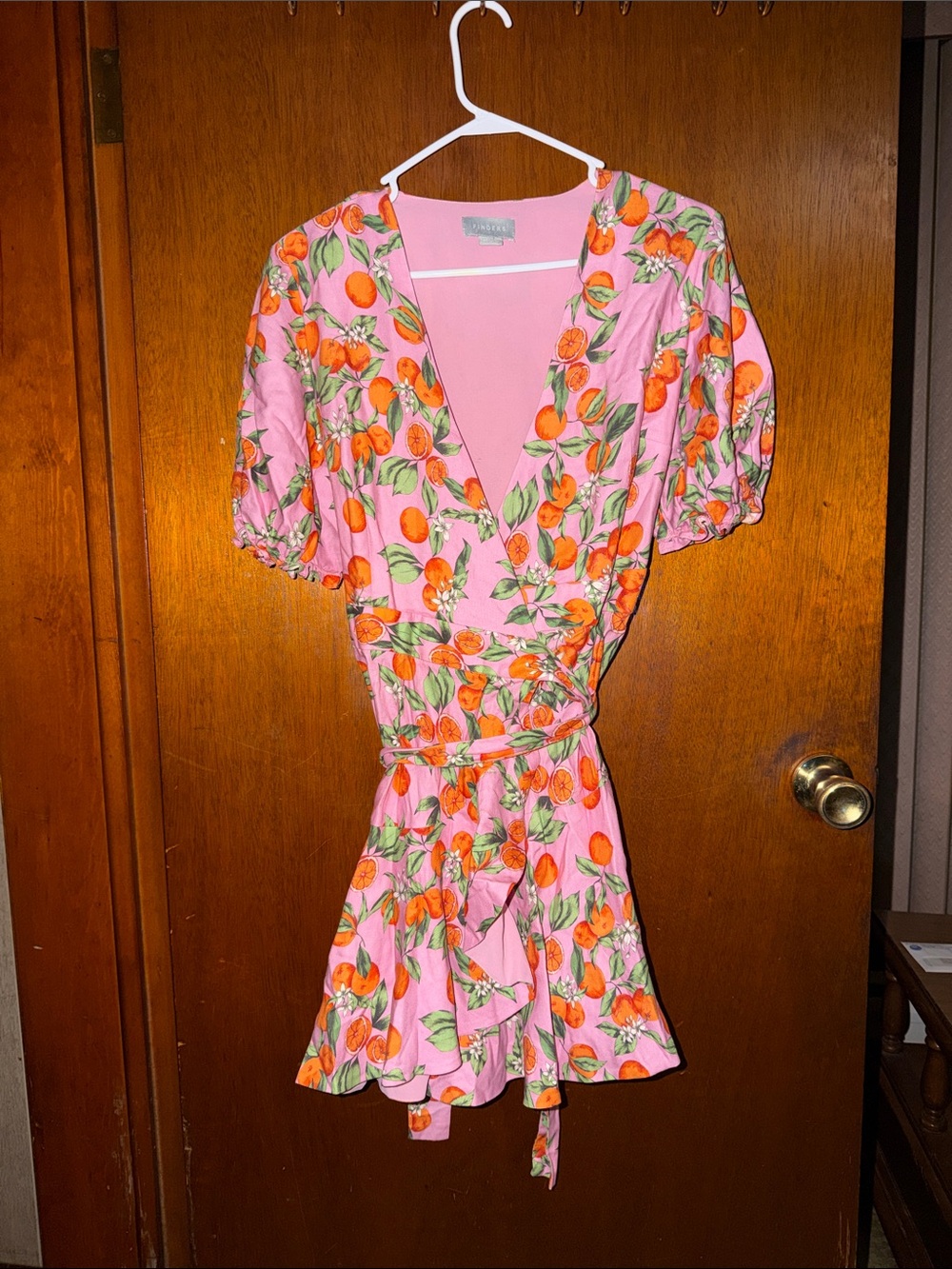 Finders Keepers Pink Floral Midi Dress with Orange Fruit Print
